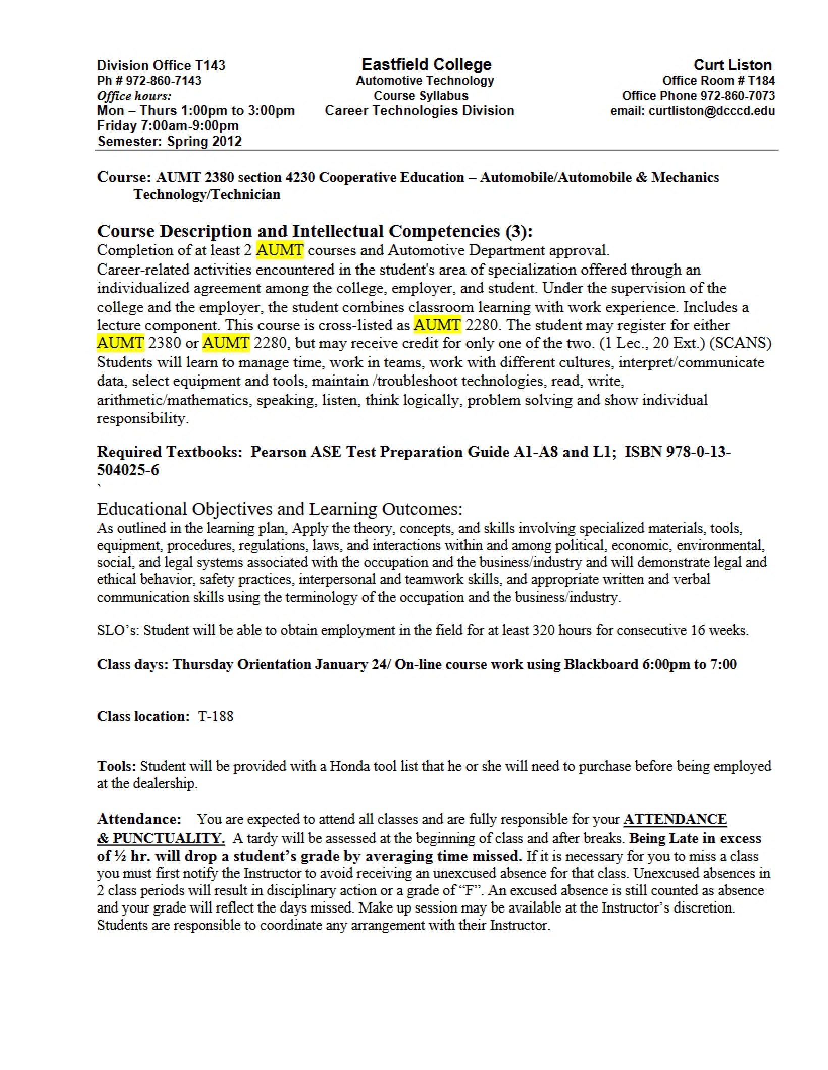 Coop Ed Auto Mech Tech Syllabus