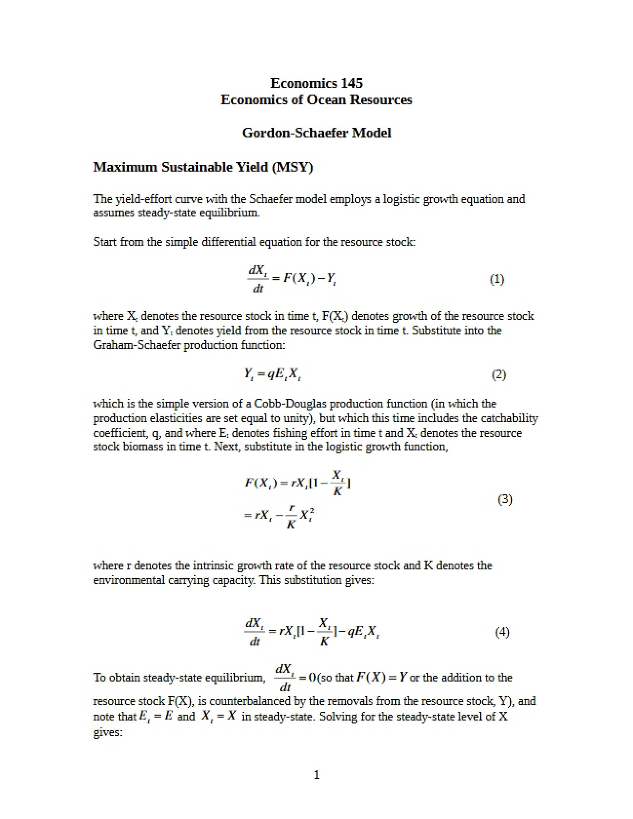 Gordon-Schaefer Ocean Resource Modeling
