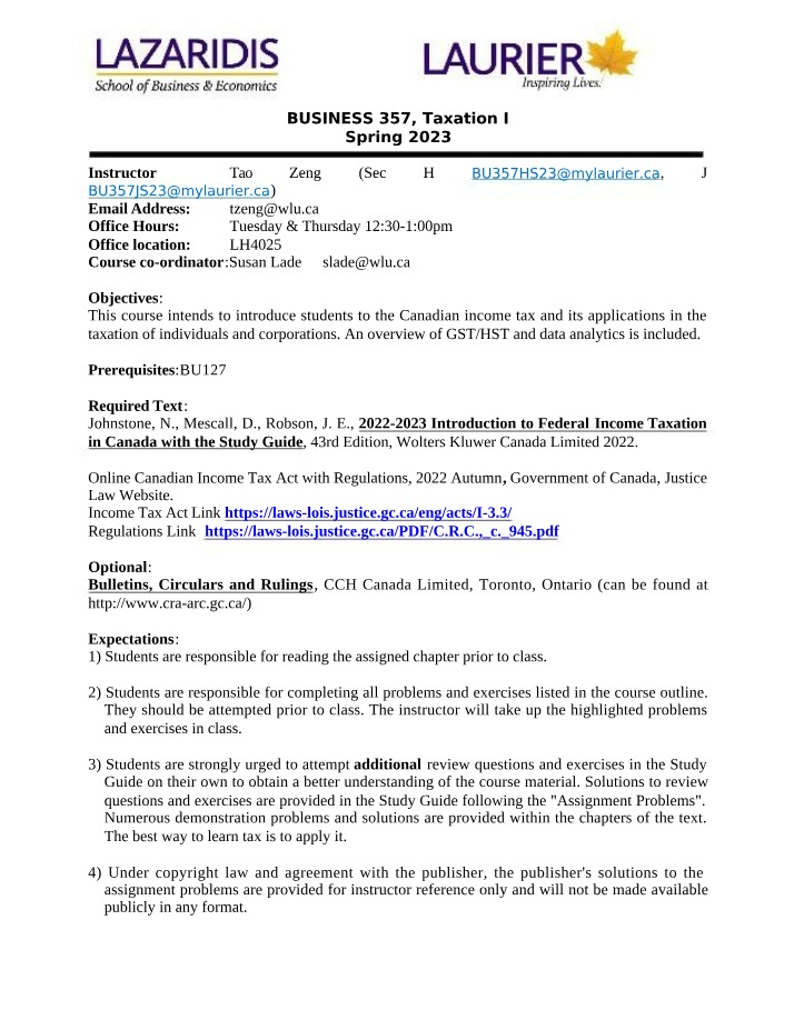Spring 2023 Course Outline for BUSINESS 357 Taxation I