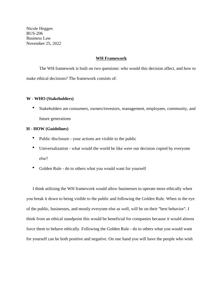 WH Framework for Ethical Decision-Making in Business Law