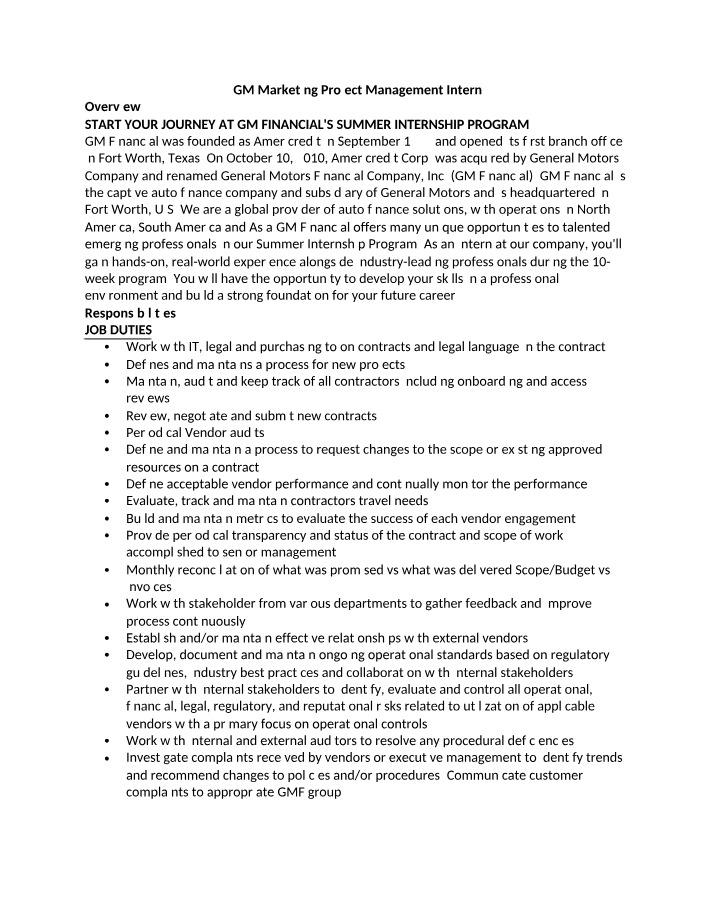 GM Marketing - Project Management Internship