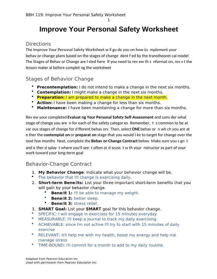 Worksheet for Improve Your Personal Safety