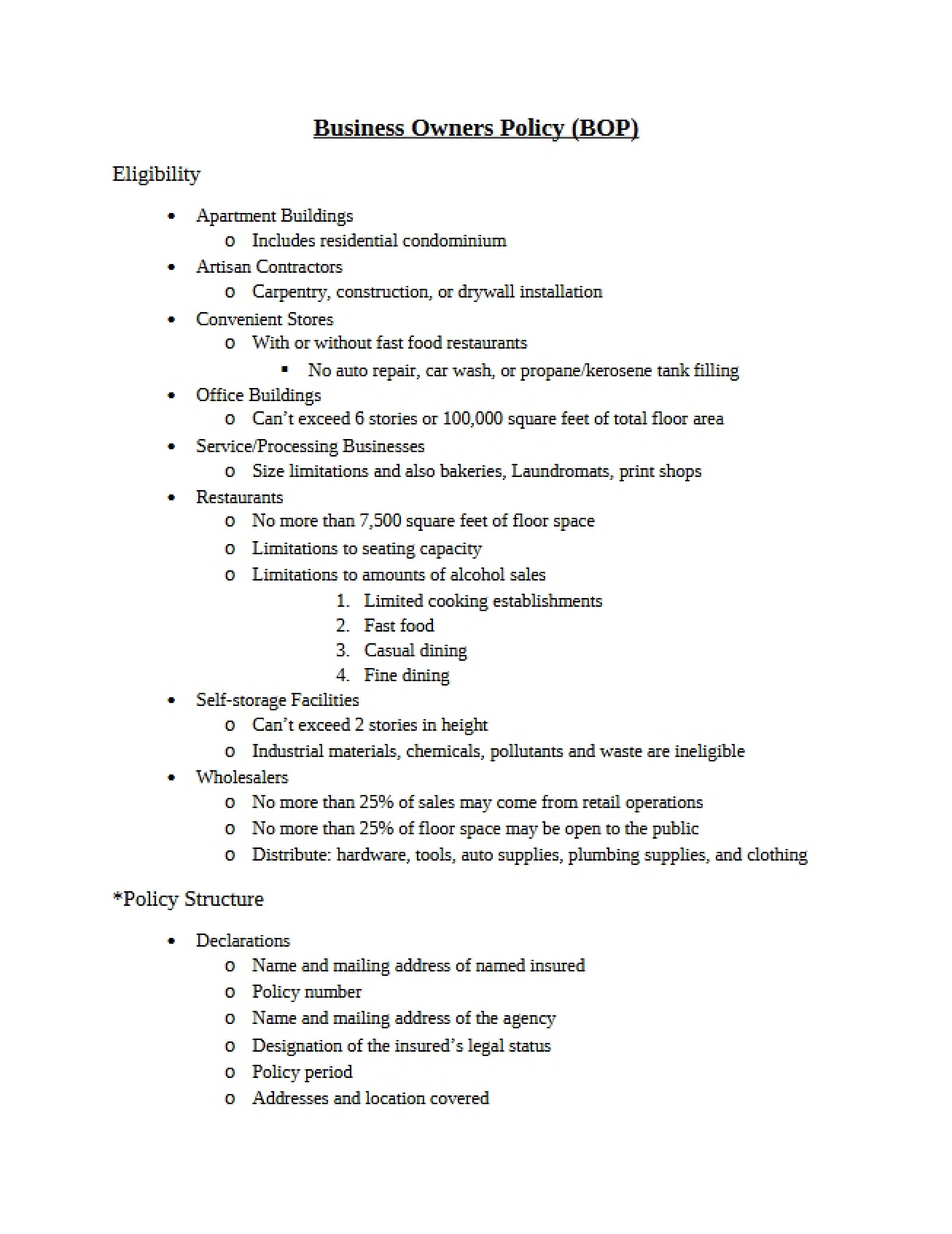 BOP - Policy for Business Owners