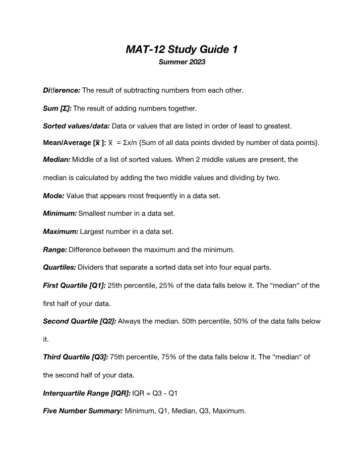 Study Guide 1 - MAT 12