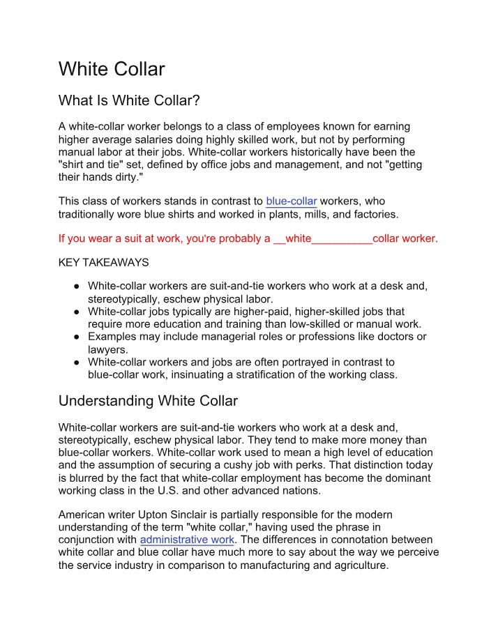 Roles and Class Distinctions in White Collar Jobs