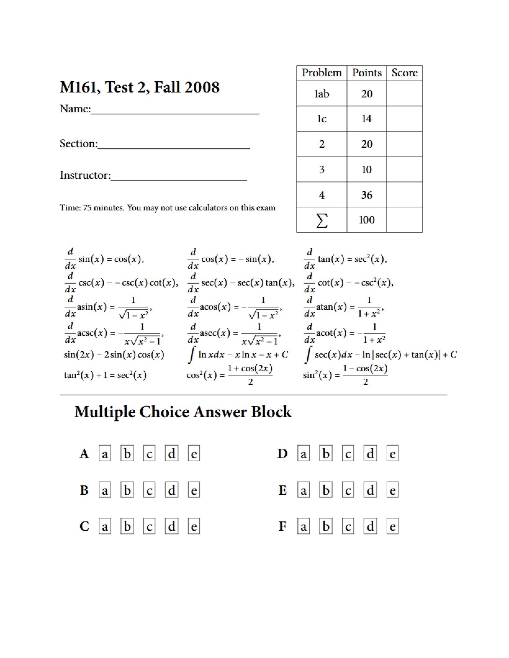 Test 2 Math 161 - 9 Pages