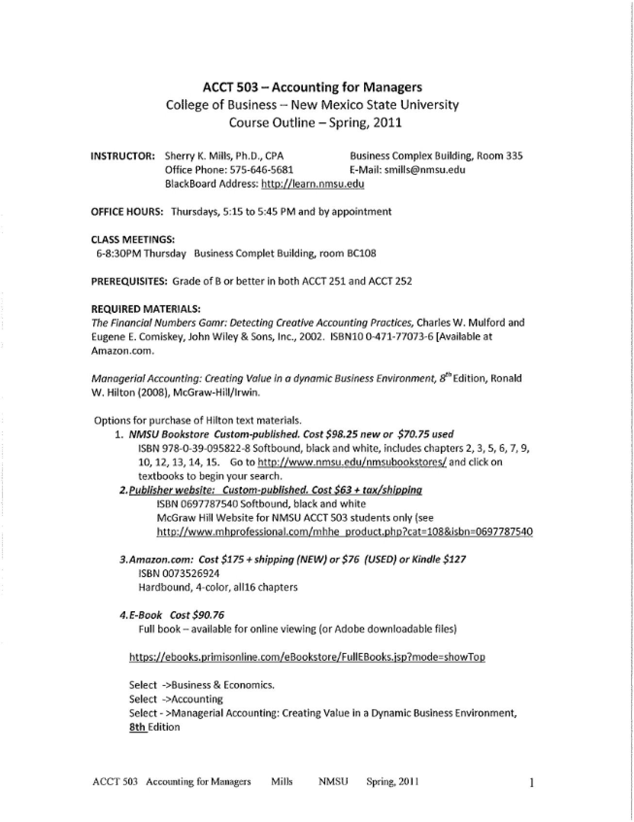 Accounting for Managers Syllabus from Spring 2011 by Dr. Sherry Mills