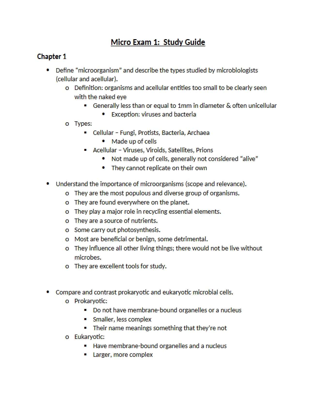 Study Guide for Micro Exam 1