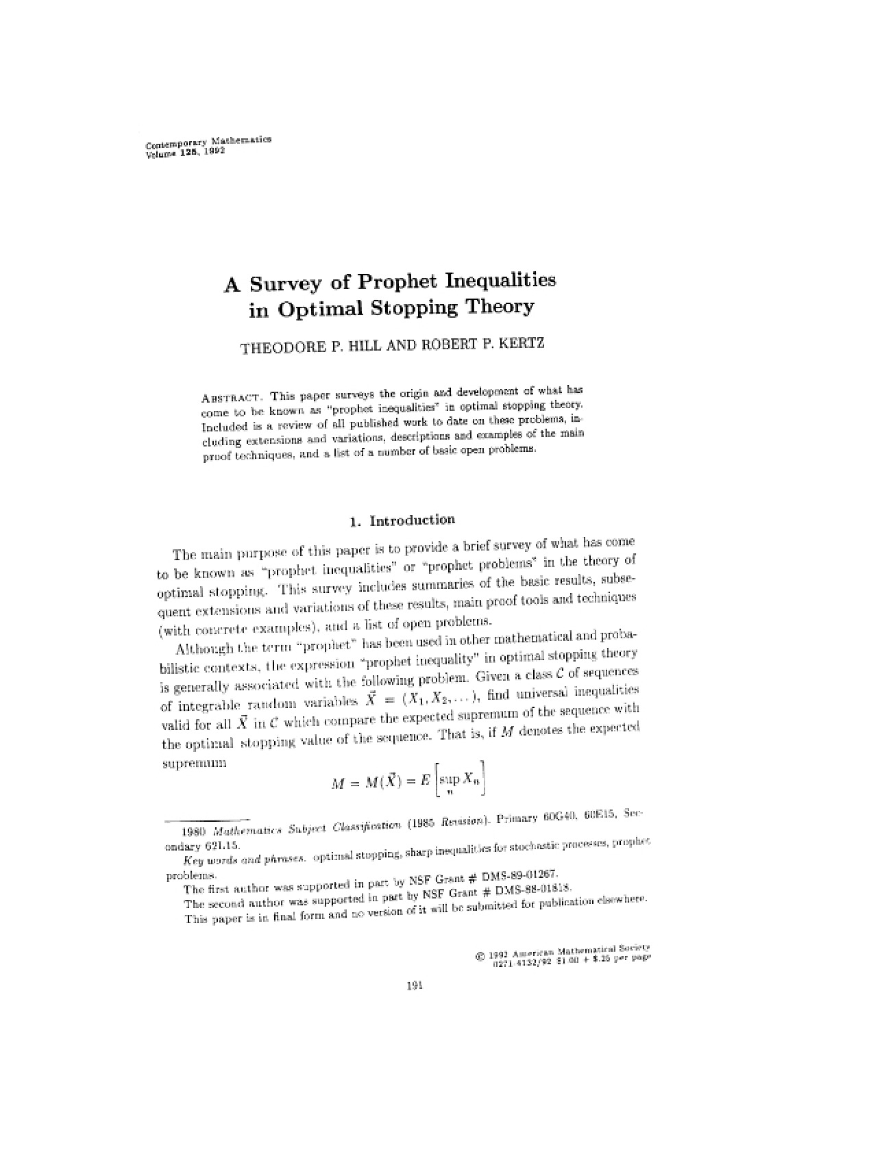 Prophet Inequalities in Optimal Stopping Theory Survey