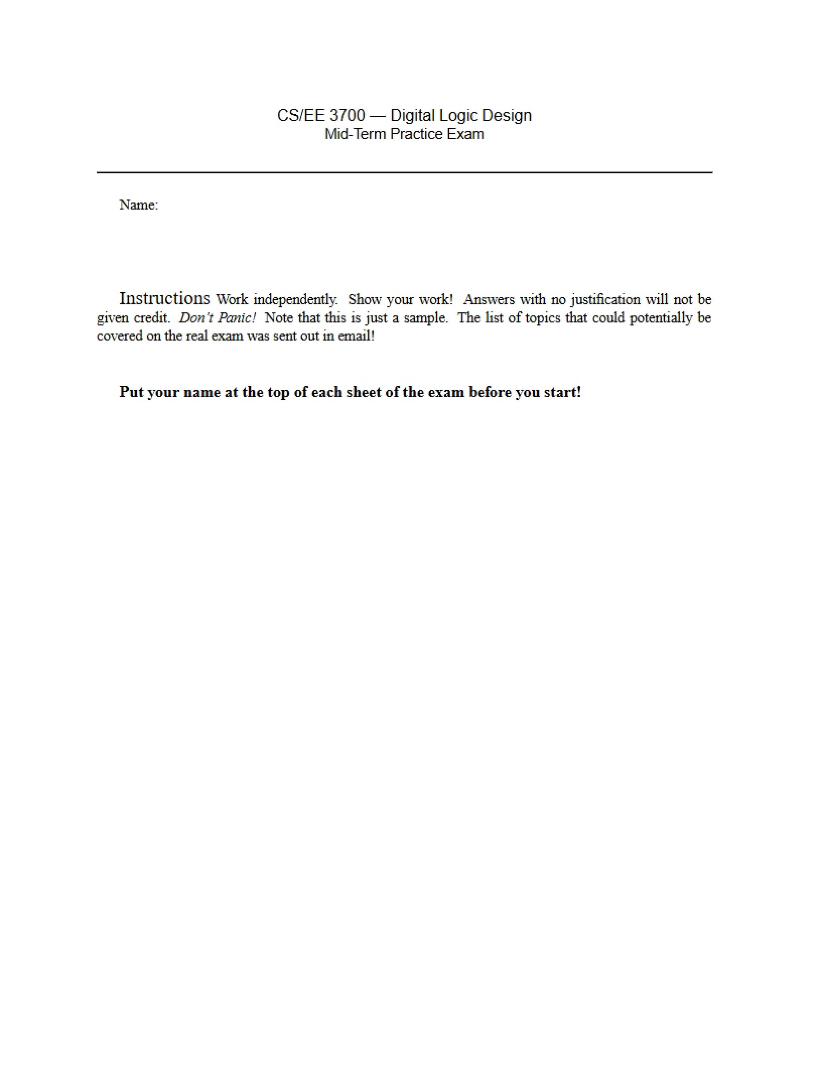 Practice Exam for Digital Logic Design Midterm