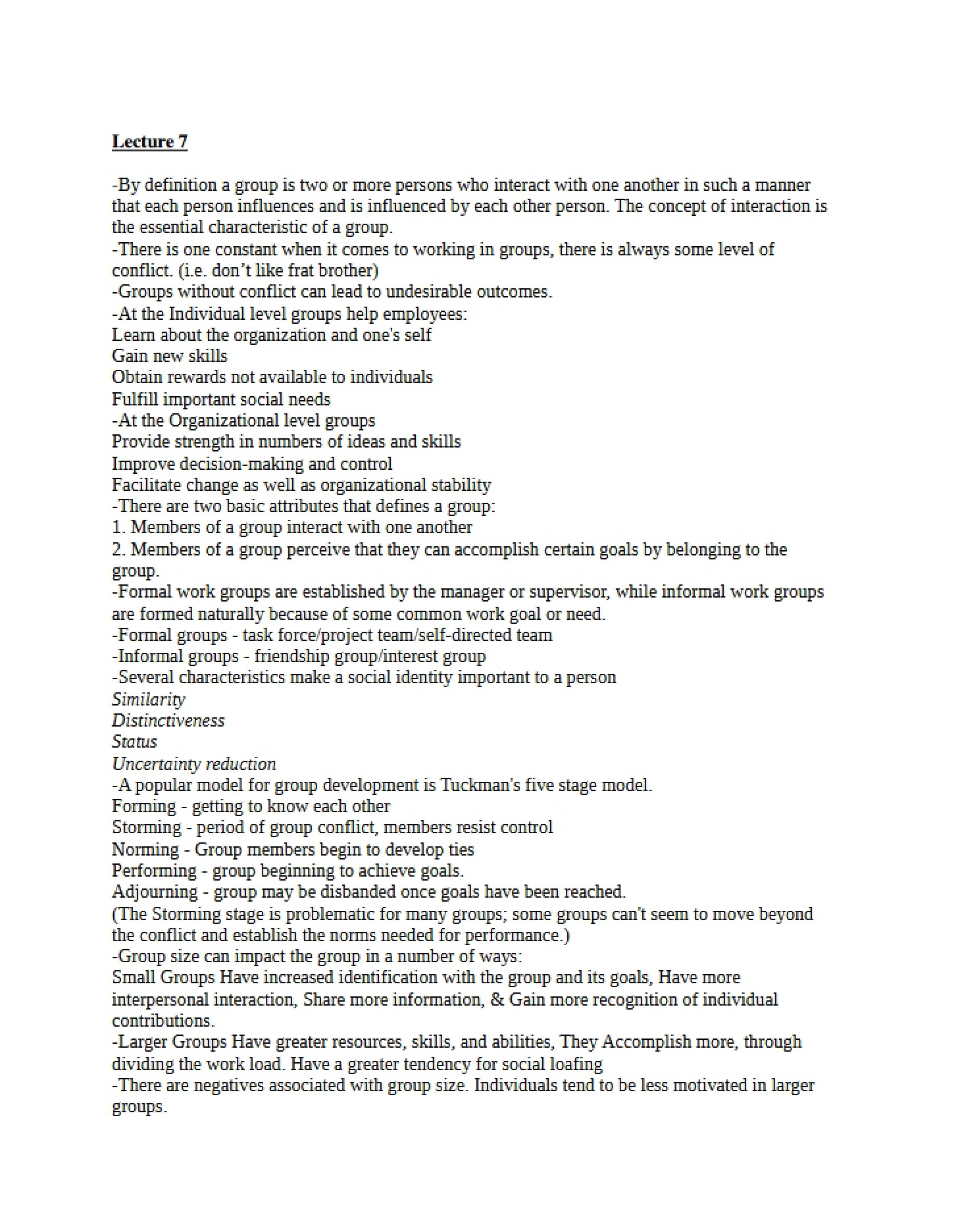Notes from Lecture