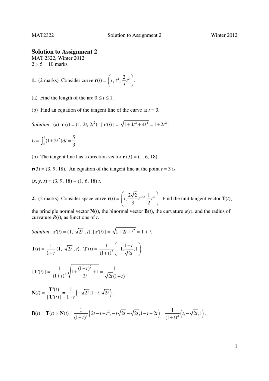 MAT 2322 Assignment 2 Solution (Winter 2012)