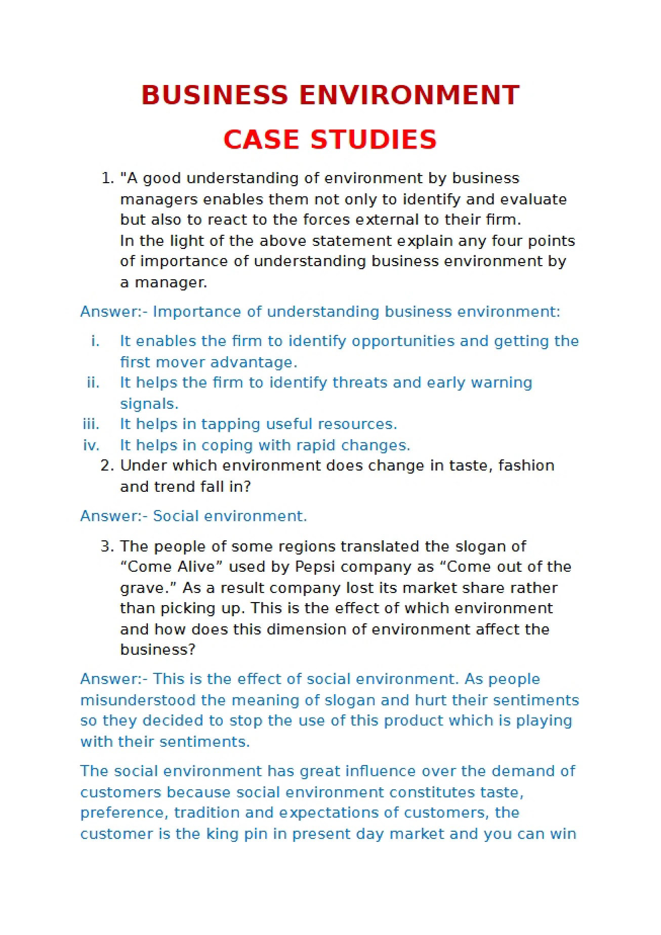 Case Studies on Business Environment