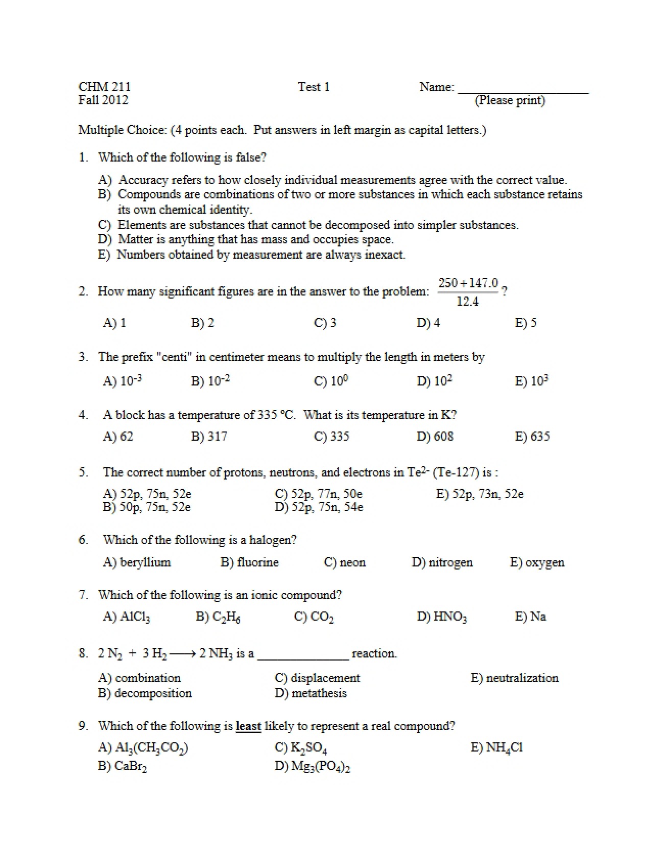 Principles of Chemistry I Exam Review