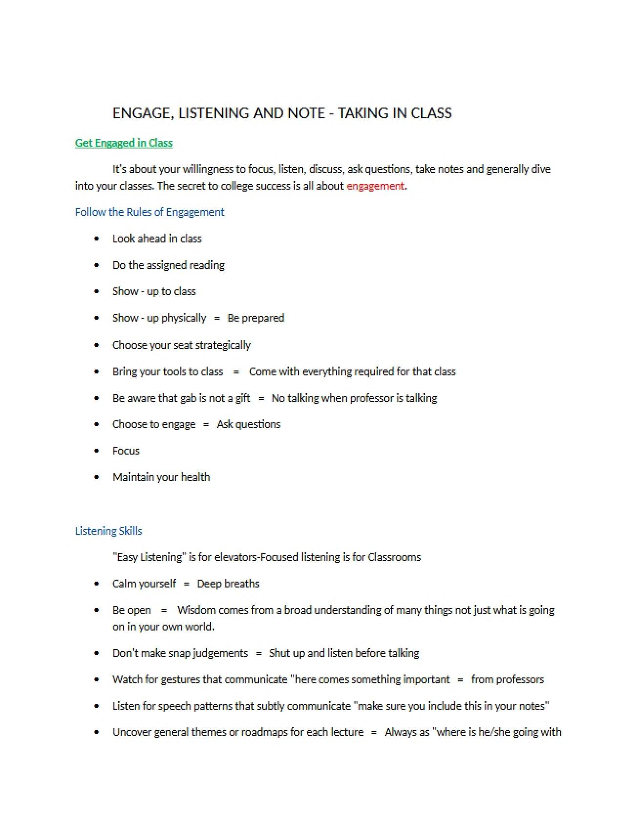 Note Taking, Listening, and Engagement in Class