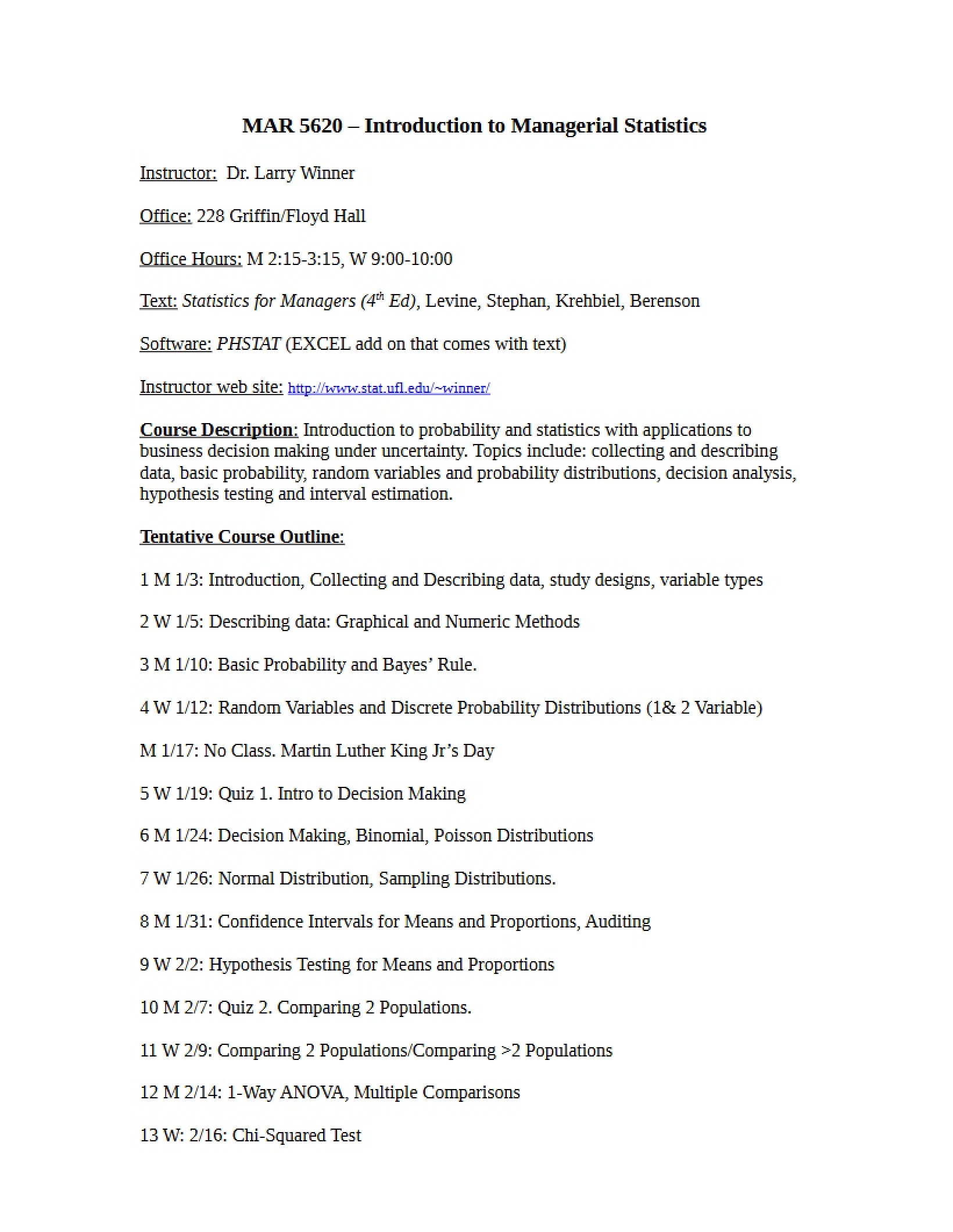 Managerial Statistics Syllabus