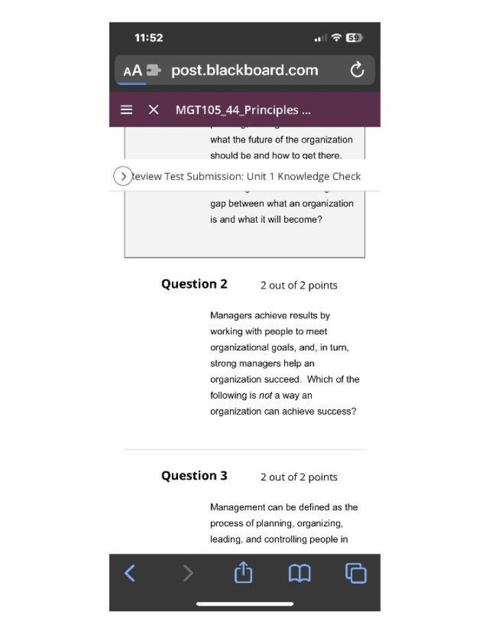 MGT105 Principles of Management Unit 1 Knowledge Check B
