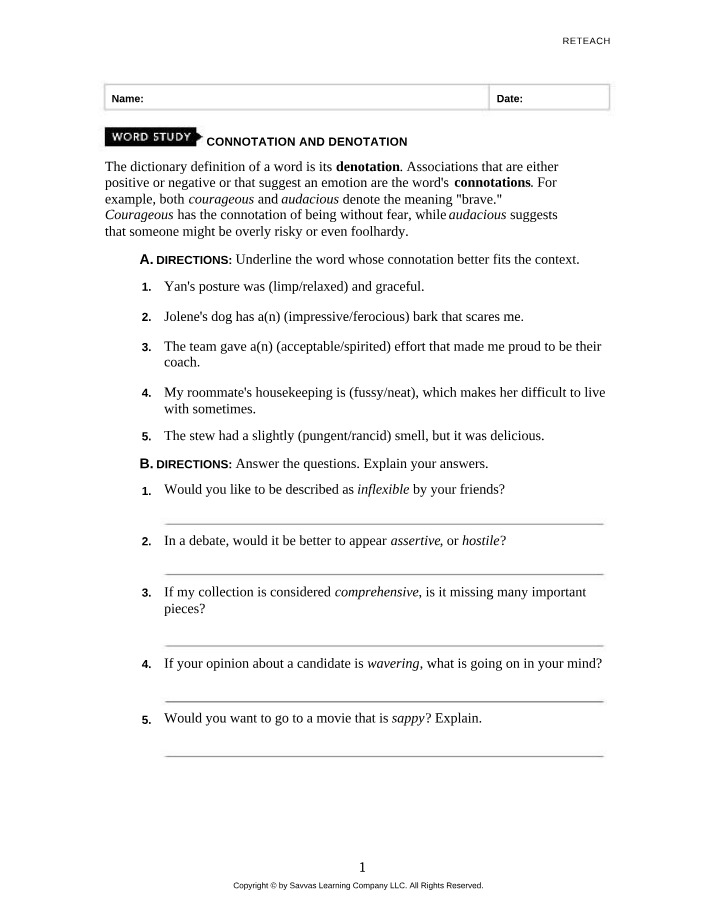 Word Study Exercises for Connotation and Denotation