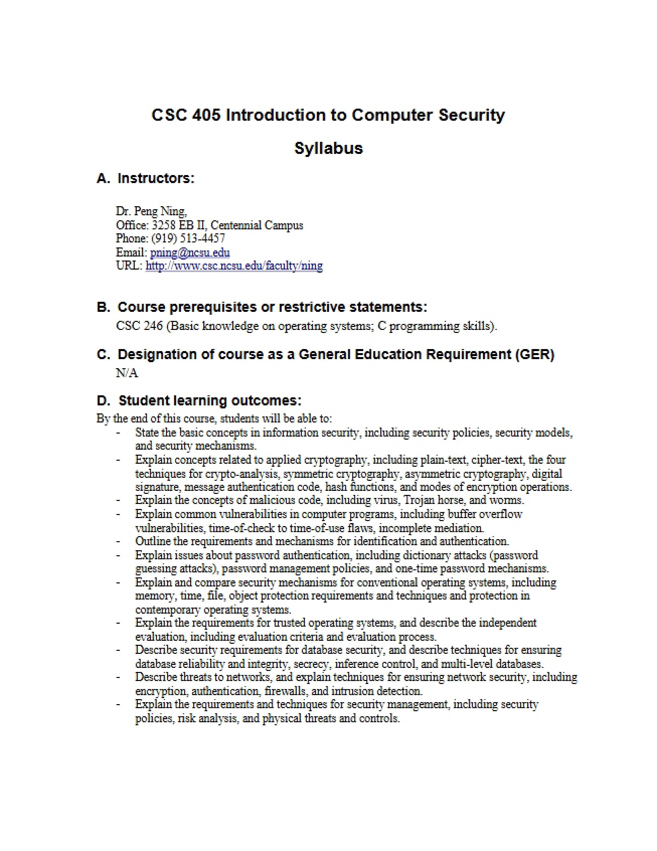 Computer Security Course Syllabus