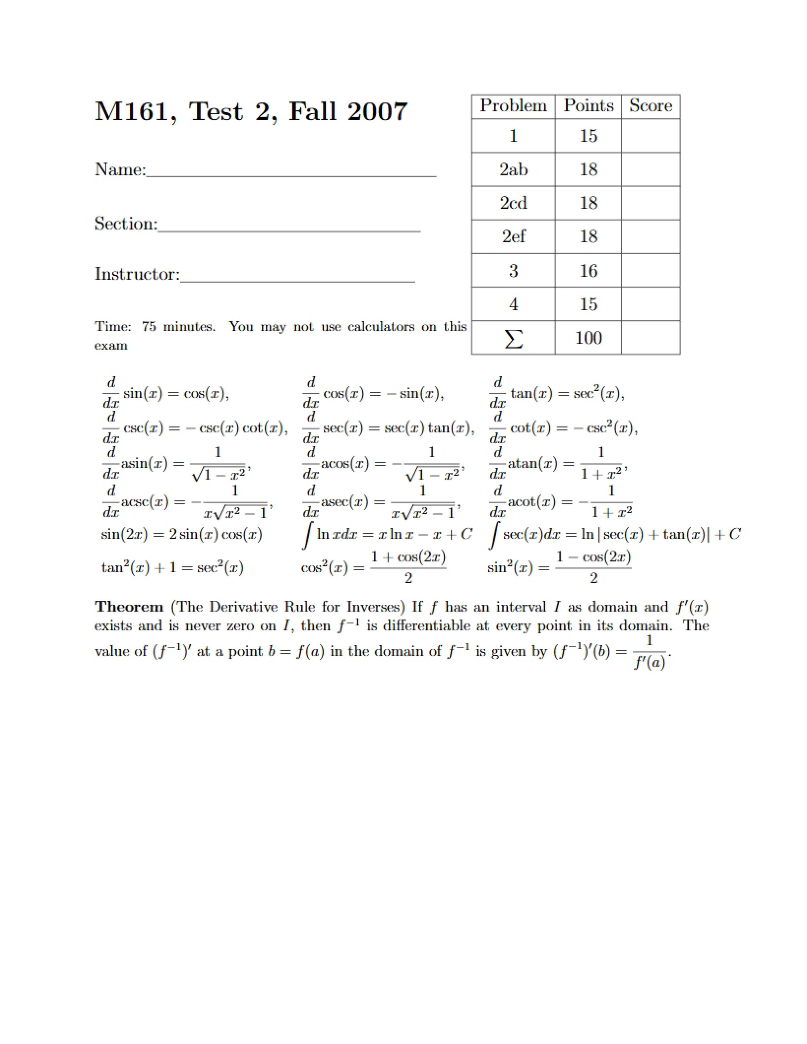Test 2 (Math 161)