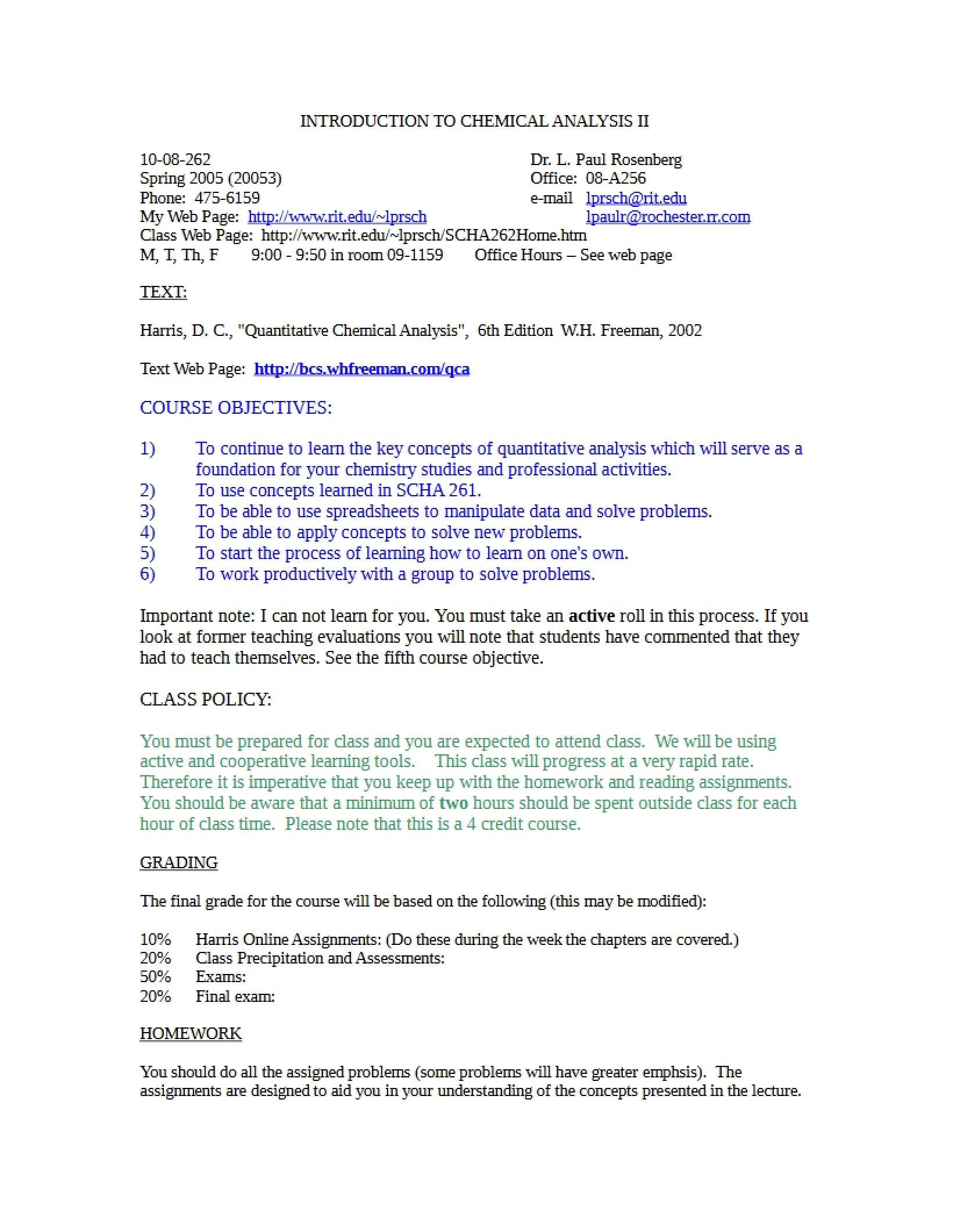 Introduction to Chemical Analysis Two Syllabus