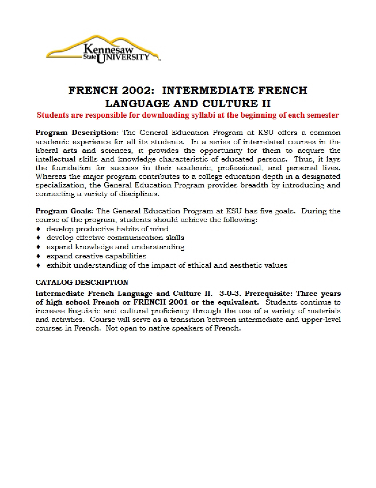 Course Outline for French Intermediate Two - 11 Pages