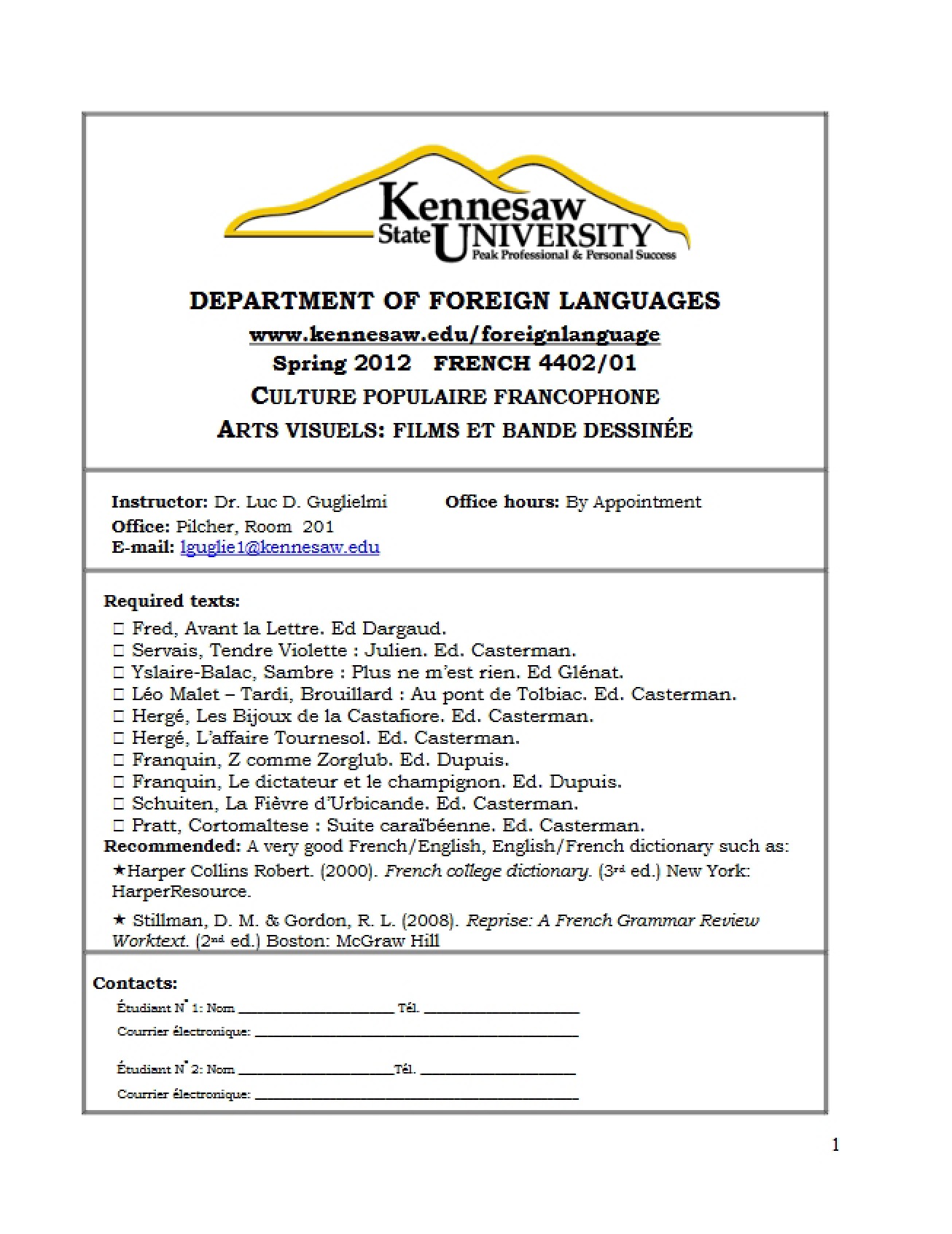 Course Outline for Contemporary French Culture