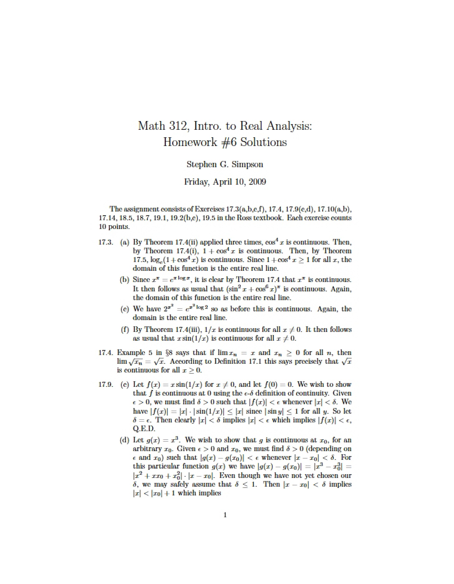 Solutions to Sixth Assignment