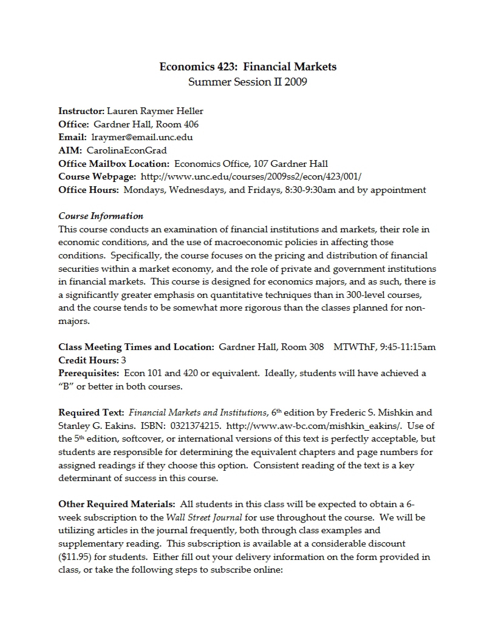 Syllabus for Financial Markets - FINANCIAL MARKETS Lecture 3
