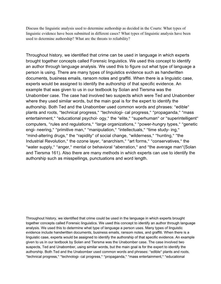 Authorship Determination in Forensic Linguistics