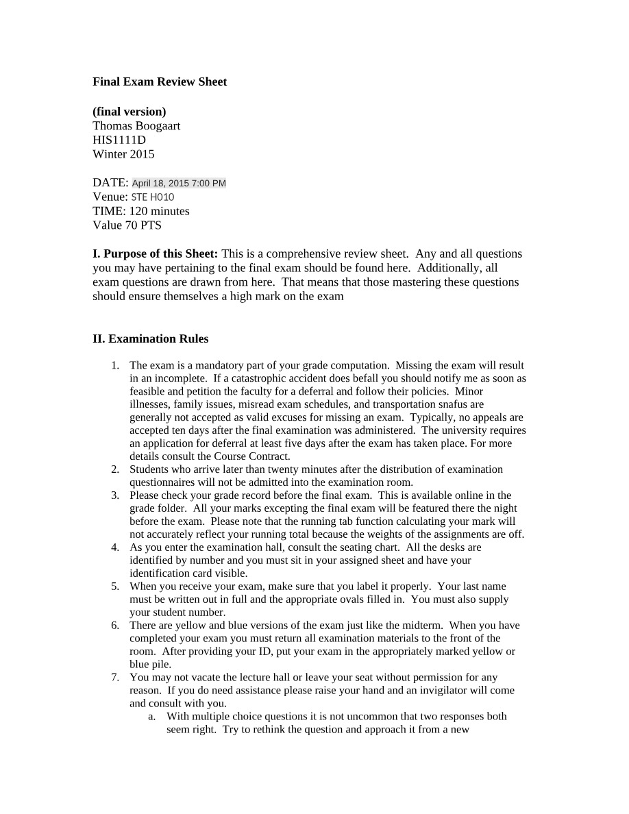 Winter 2015 Final Exam Review Sheet - HIS1111D