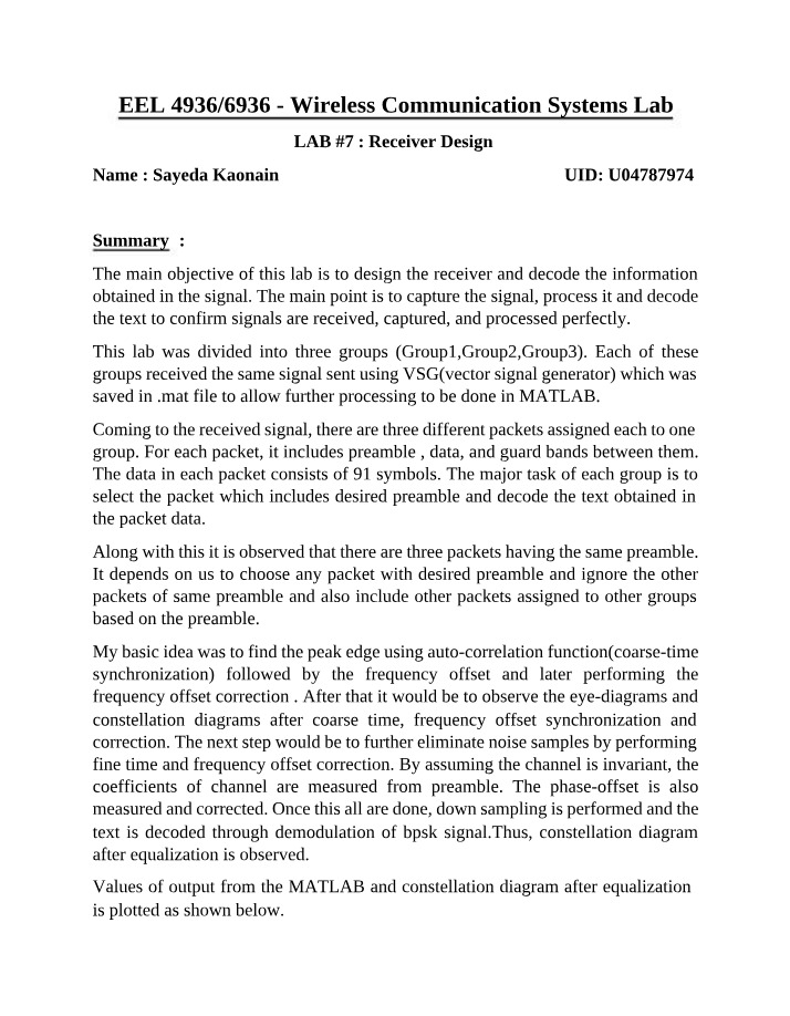 Wireless Communication Systems - Receiver Design Lab