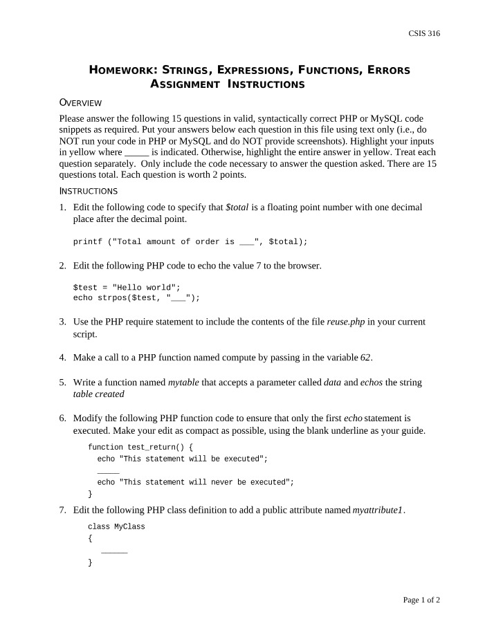 Strings, Expressions, Functions, and Errors Homework Instructions