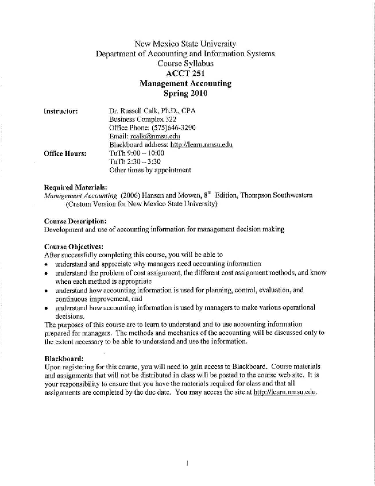 Management Accounting Syllabus - Spring 2010 - Dr. Rusty Calk