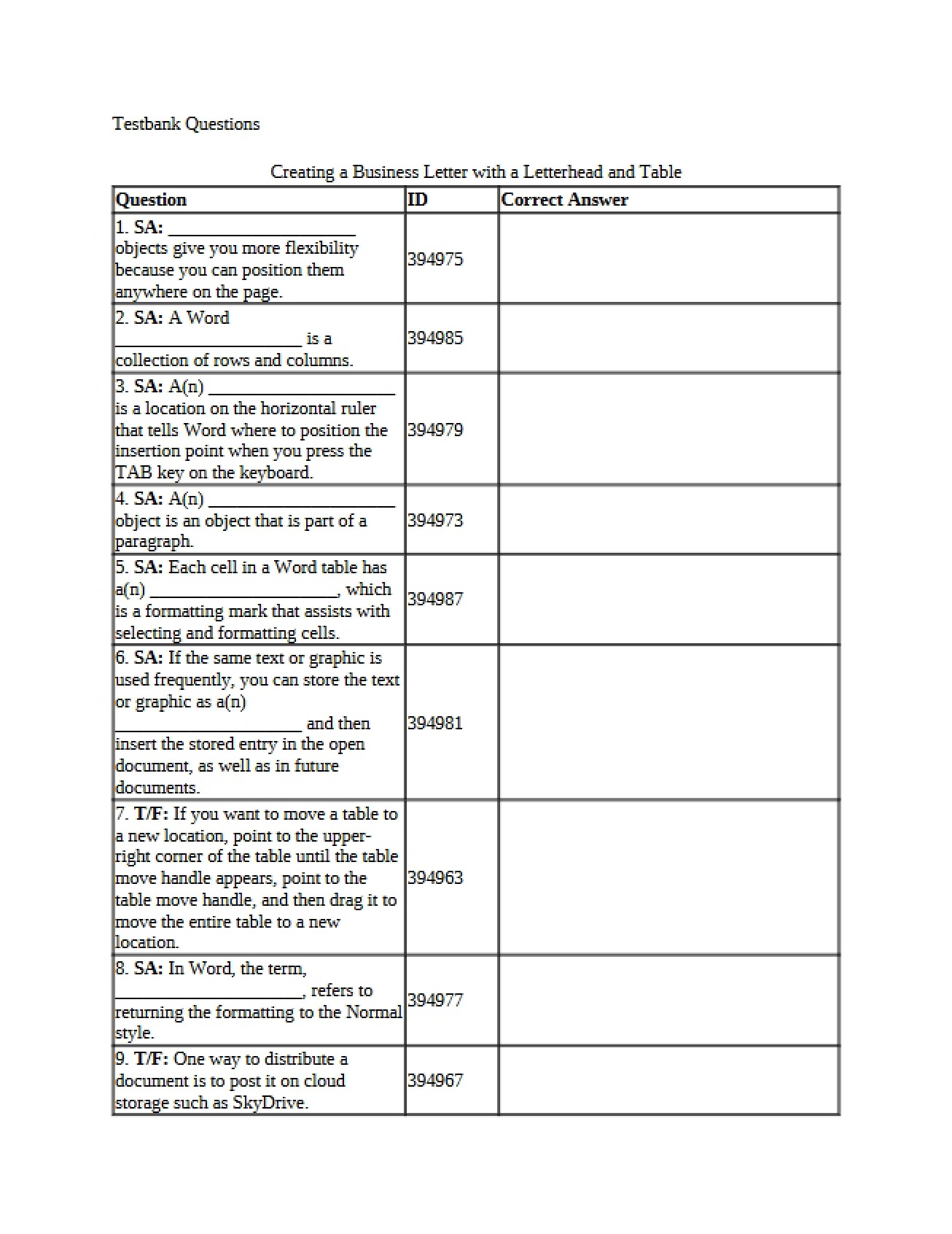 Business Letter Creation Tables and Letterheads
