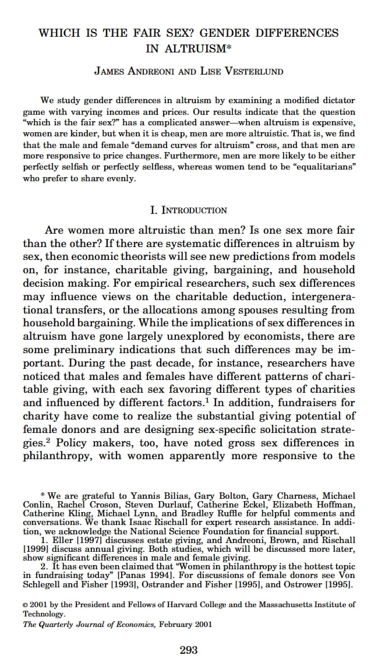 Altruistic Behavior: Gender-Based Variations