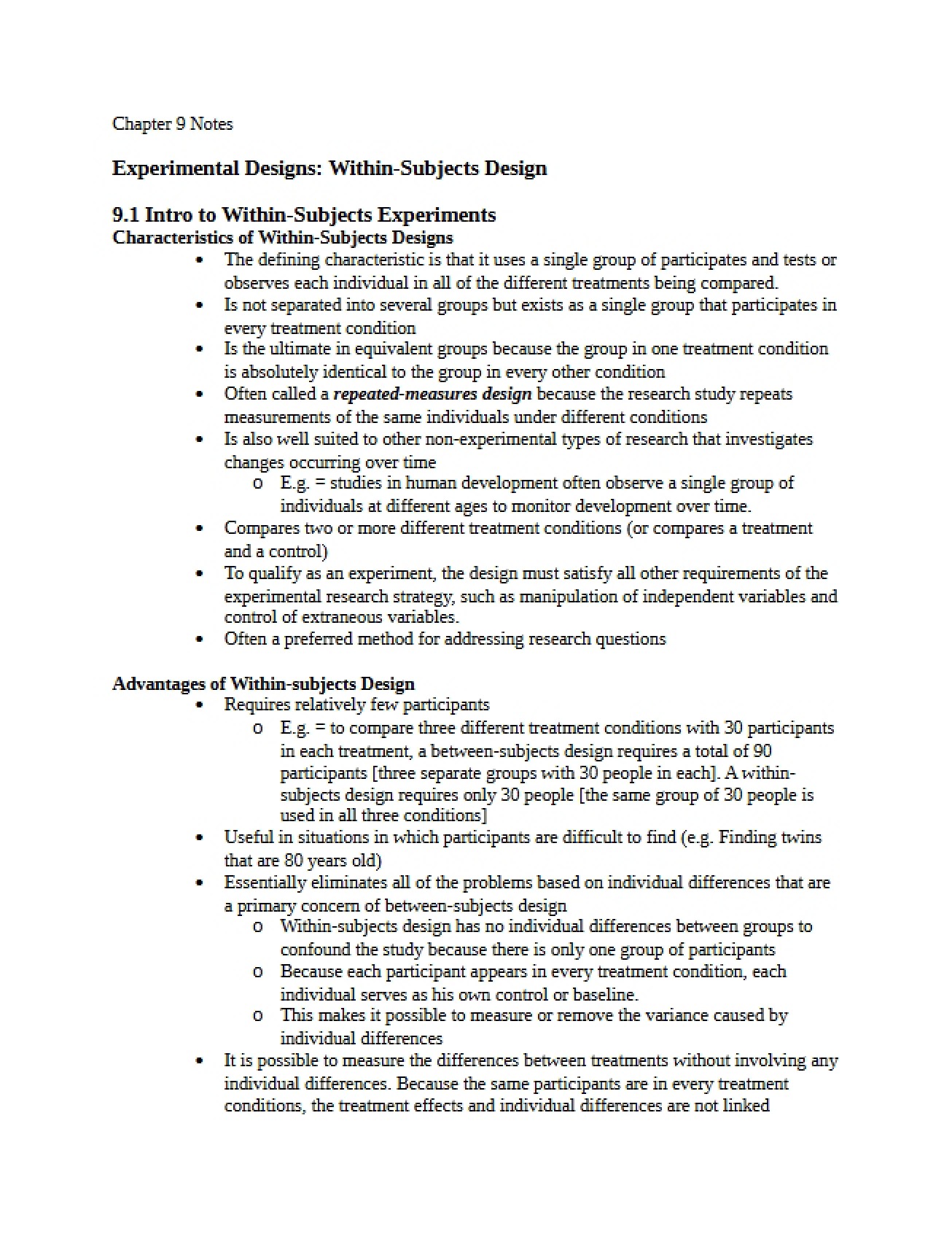 Research Methods Notes Chapter Nine