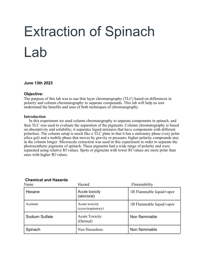Chromatography Techniques for Pigment Extraction from Spinach