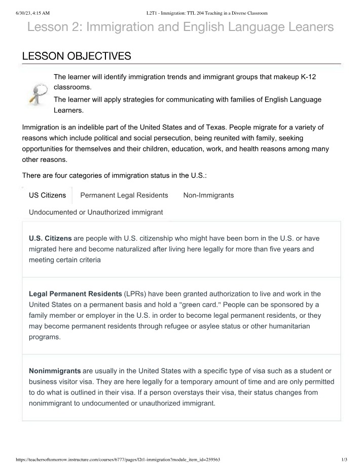 Immigration and English Language Learners - Lesson 2