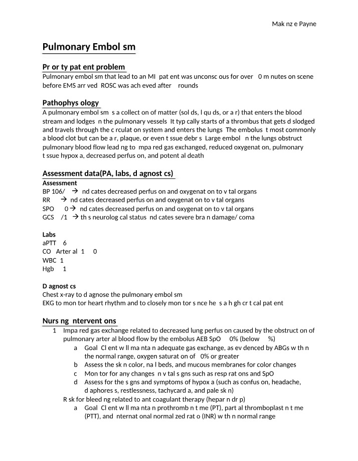 Pulmonary Embolism - Assessment and Pathophysiology