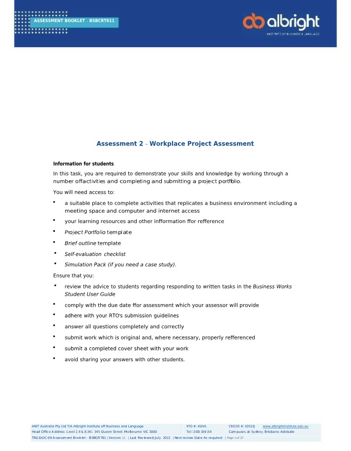 Workplace Project Assessment for BSBCRT611