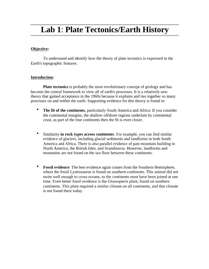 Lab 1 - Plate Tectonics and Earth History
