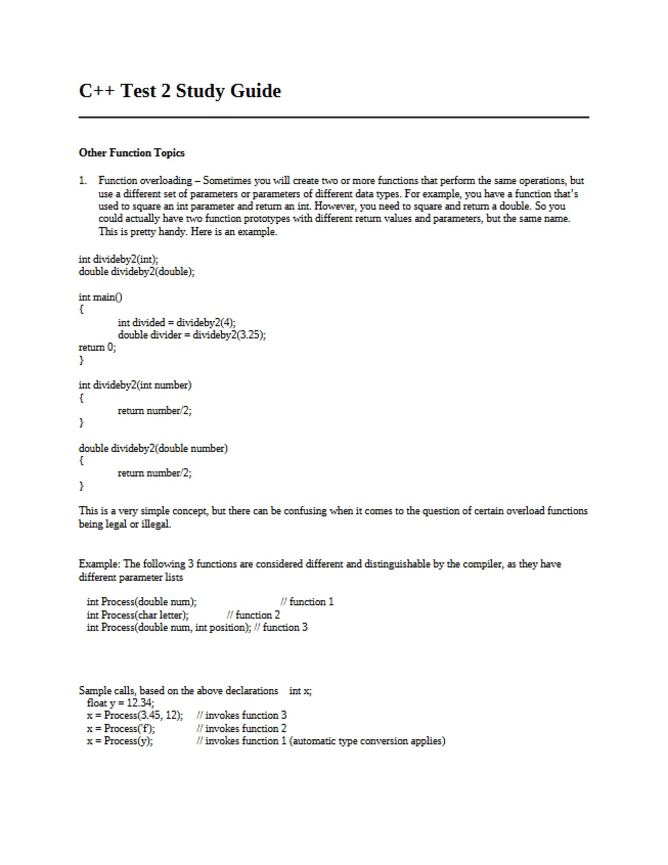 Study Guide for the Second C++ Test