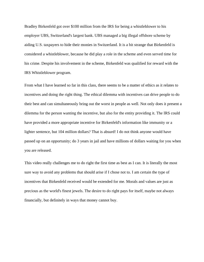 Birkenfeld Case - Ethics and Incentives Analysis