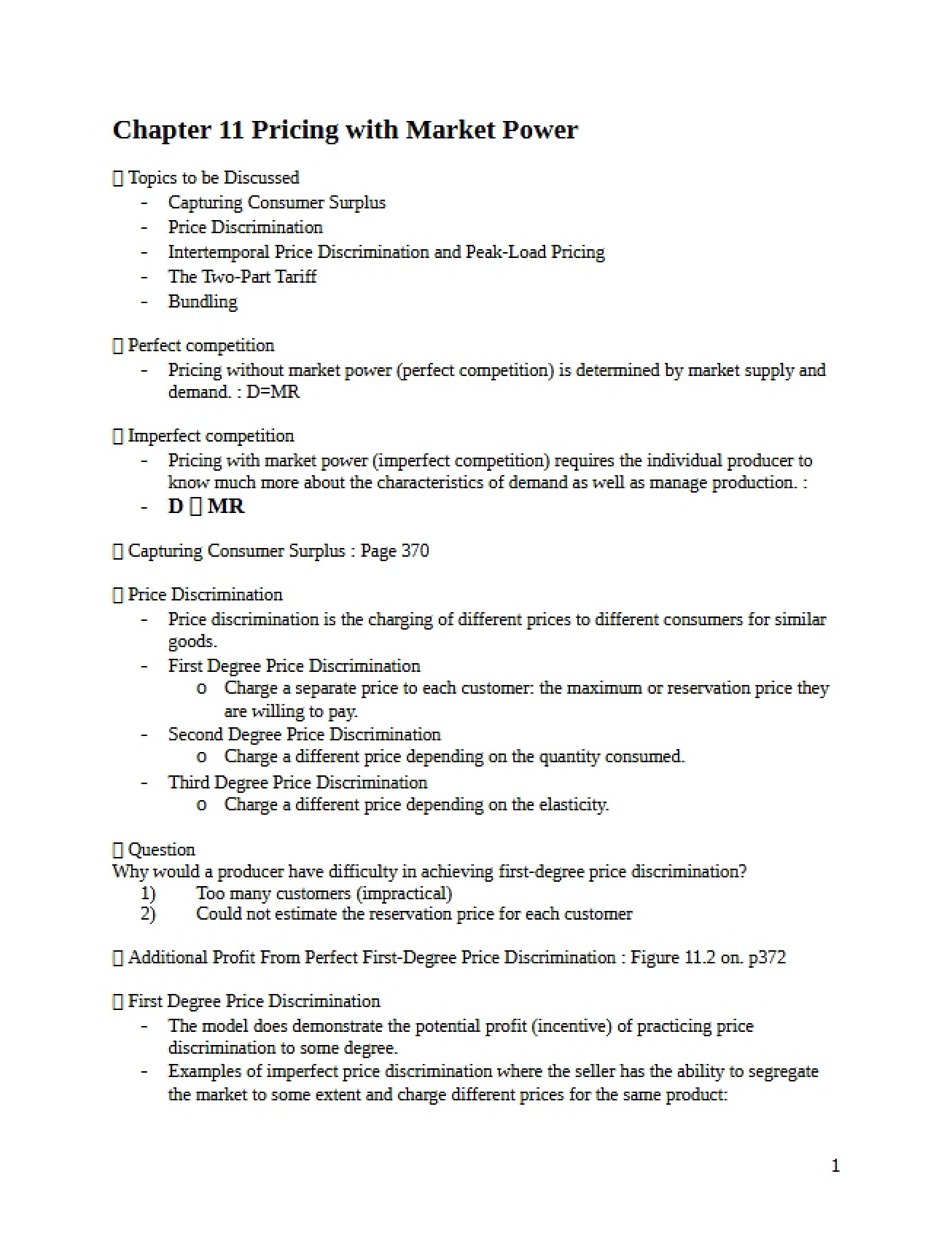 Pricing with Market Power (Ch 11)