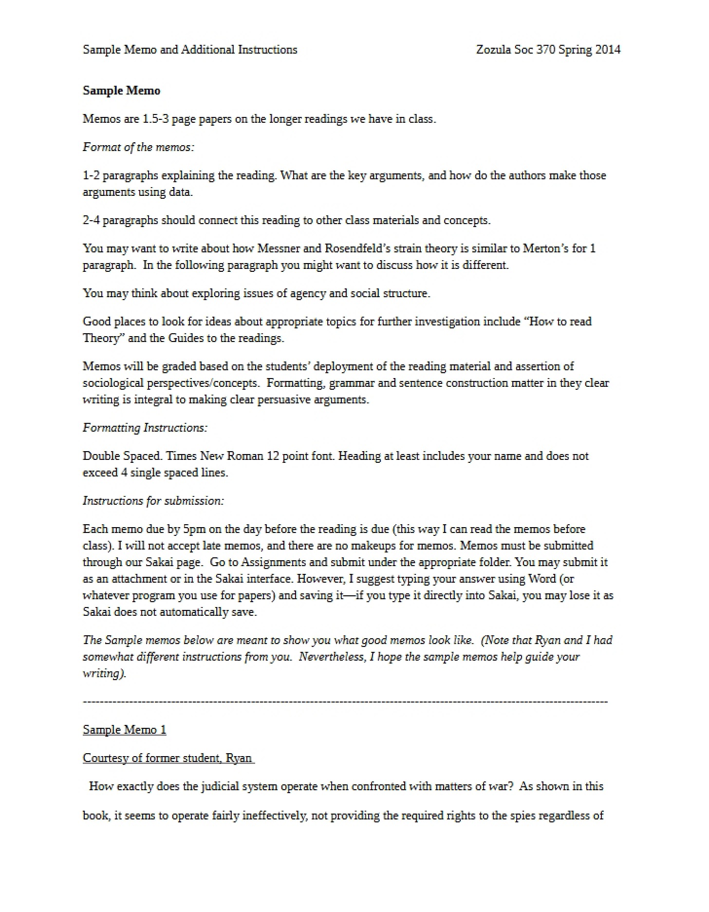 Detailed Instructions and Sample Memo