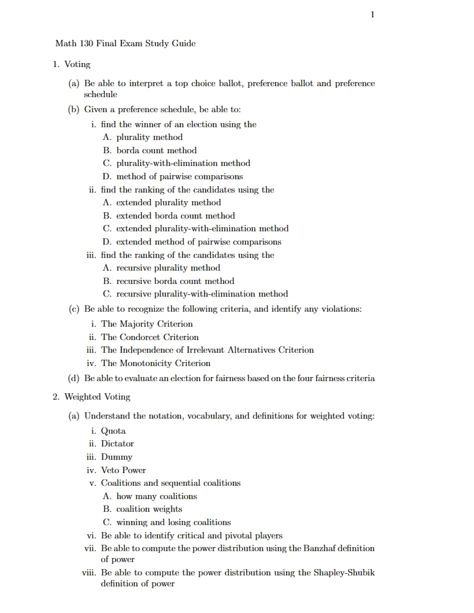 Study Guide for Math 130 Final Exam