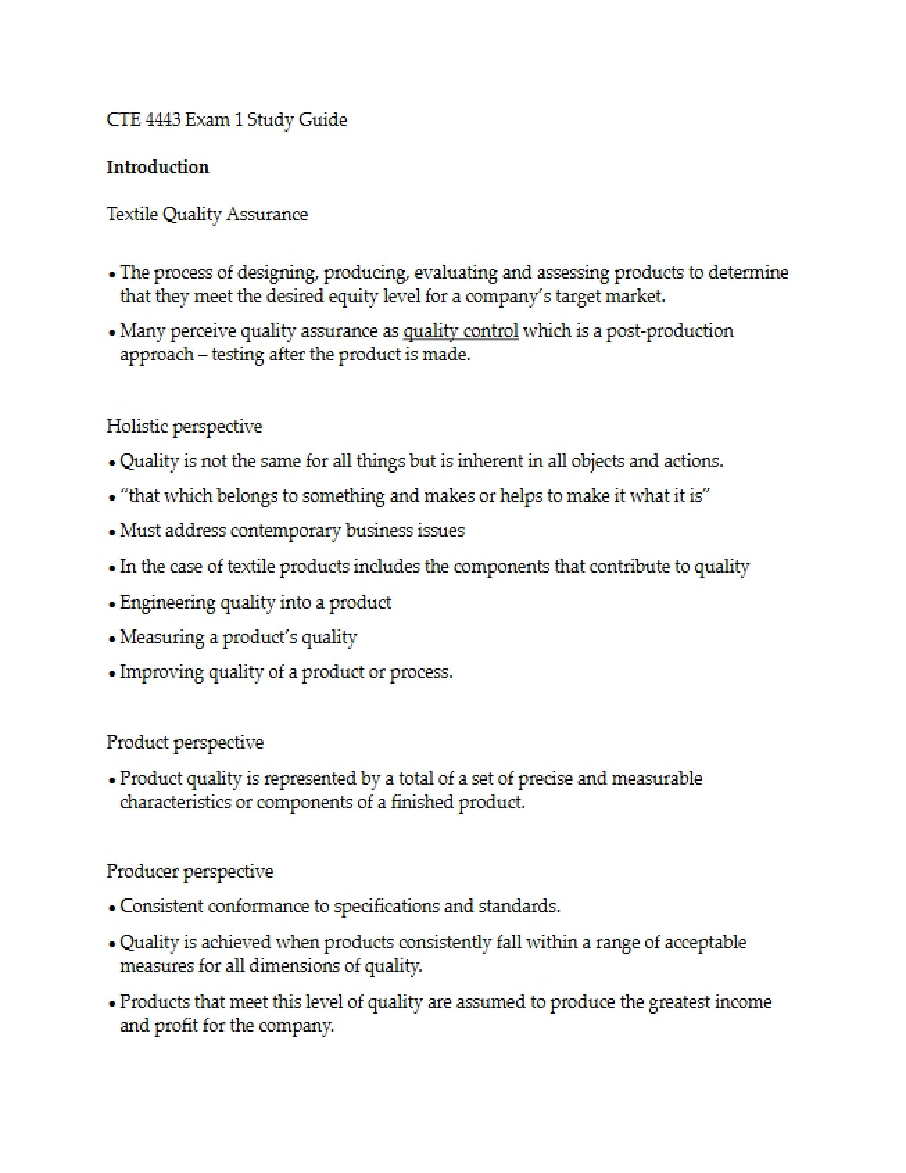 First Exam Study Guide for Quality Assurance
