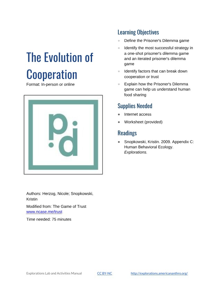 Worksheet on the Evolution of Cooperation