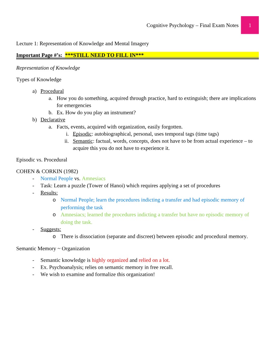 Final Exam Notes for Cognitive Psychology